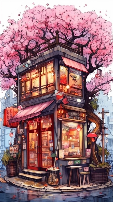 Very very cute and Whimsical quirky Jazzy coffee shop, building corner, cherry tree blossom, Raining colorful, Watercolored illustration in the style of Michael Powell, clipart, city vibe background - 8K