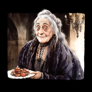 charming Grandmama from the movie The Addams Family by Barry Sonnenfeld, watercolor by mary whyte, romantism, clear line, white solid background, clipart, gothic