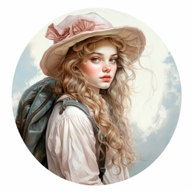 very beautiful girl with schoolbag, vintage, white background, round clipart with pastel color, detailed and lovely Renaissance painting