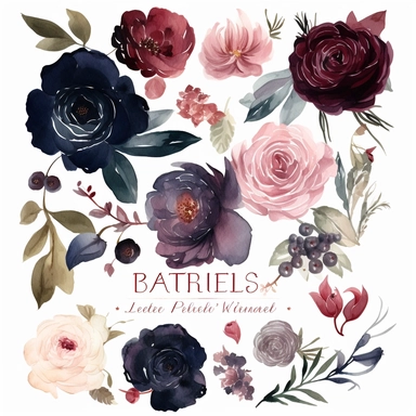Create an enchanting collection of ultra-detailed watercolor floral clipart, showcasing a mesmerizing color palette of navy, burgundy, and blush. The clipart should capture the richness and depth of these tones, evoking a sense of sophistication and romance. Incorporate a variety of floral elements, including roses, peonies, and other elegant blooms, each meticulously painted to emphasize their unique textures and intricate details. Design the clipart with a focus on wedding themes, allowing for