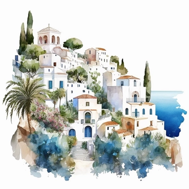 beautiful watercolor clipart of a Mediterranean scene with white village houses and the seascape, blue and white, compositions on an isolated white background. Bright landscapes illustrations, highly detailed