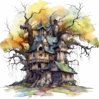 haunted house watercolor clipart high detail old tree