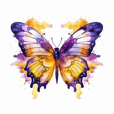 yellow and purple watercolour butterfly clipart, vector image with splaces of watercolour