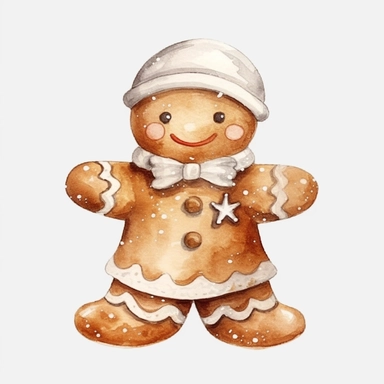 watercolor, Cute christmas gingerbread man watercolor clipart, silver and white color scheme, christmas style, isolated white background, single design, single object, print on demand image, PNG transparent background, white background for removing background - - no text shadow font