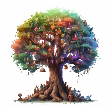 An image of a great magical soul wish tree: under its huge crown in clip art style illustrates the different shadows of incarnations of different ages and backgrounds participating in conversations and social activities, wide angle shot, general shot, dynamic poses, fantasy color, 3d, game engine, creative 96% best artificial intelligence metaphysical work