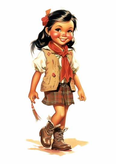 a fashionable adorable little American Indian girl from the 1950s, ready for school, smiling, vintage retro 1950s artwork, high definition, clipart, white background