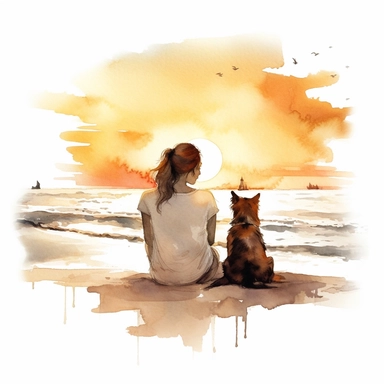 Young woman with dog sitting together on the beach and enjoying the sunset watercolor clipart in white background