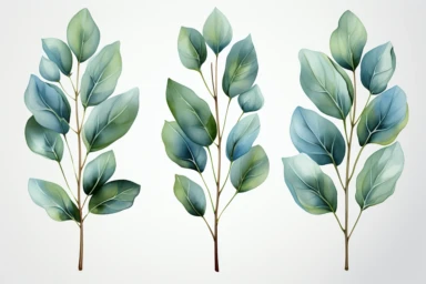 watercolor multiple eucalyptus branches, isolated, clipart, hd, on white background, spaced out,