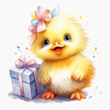 a captivating watercolor clipart image with a white background and white margins, featuring a cute sweet extremely happy stuffed chick toy. The ultra-detailed, hand-drawn elements capture the details. Use vibrant shades of various colors to create a visually appealing image