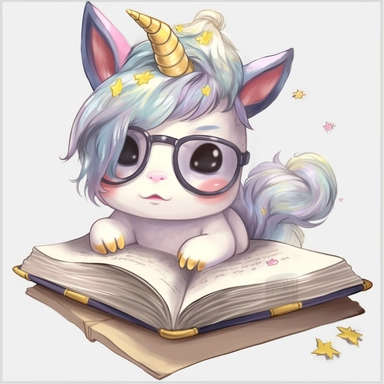 Baby cartoon Unicorn studying for school, highly detailed, anime, adorable, pastel,clipart