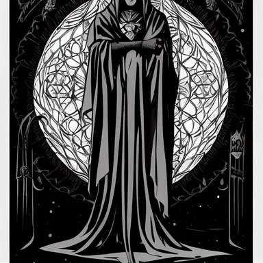 medieval character concept, black cloaked mercenary, representing death, feminine form, png, png cut out, dark blacks, intricate detail, symmetrical design clipart,