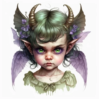 boho little girl, big eyes, maleficent, green glowing eyes, horns and wings, shades of purple clothing, very detailed and realistic, half body, watercolor, white background with margins, clipart style,