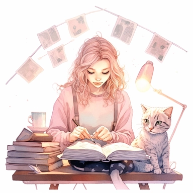 watercolor, hyper realistic, white background, white margins, 16k, ultra detailed clipart, cut out image, hand-drawn a girl working by a desk with a cat, a lamp and books, in the style of fairy kei, digital and glitchy, muted earth tones, light pink and dark brown, optical