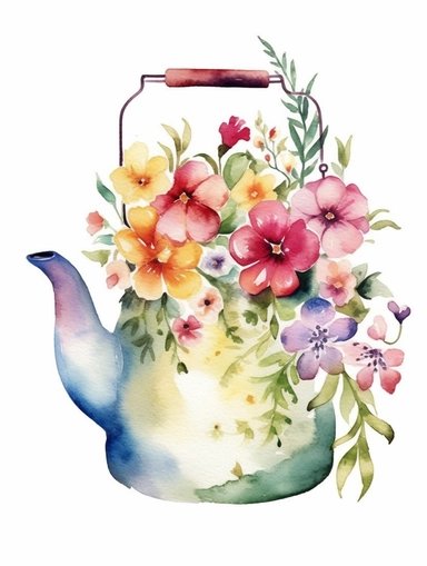 Watercolor clipart with white background, cute floral tea pot , cute and adorable, flat design, clearly defined separated image, high quality