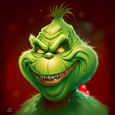 the grinch smiling at Christmas, clipart, cartoon, studio ghibli