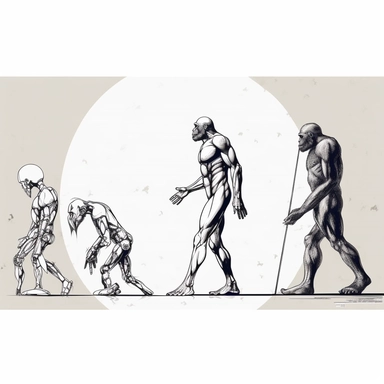 clipart style black and white image of evolution of mankind from an ape walking on his hands to a man and then a futuristic robot cyborg high quality 16:9 ultra clean lines 32k