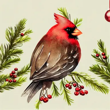 Cardinal bird, vintage lantern, winter greenery. Christmas clipart. Watercolor illustration. Pine fir branches, Holly berry, gold apple, coin. Floral bouquet. Holiday decor for print, card making