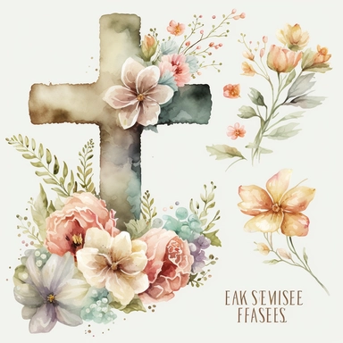 watercolor Easter Cross, flowers, Easter element clipart, on white background