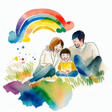 watercolor clipart, minimalist, isolated with white background, Happy Asian family mom, and dad smiling , and a child laughing sitting on the grass , primary color is yellow, blue and red, bright atmosphere, flat illustration, story telling, James jean, simple lines ,high resolution paper-cut styles , church with a cross on top backgrounds