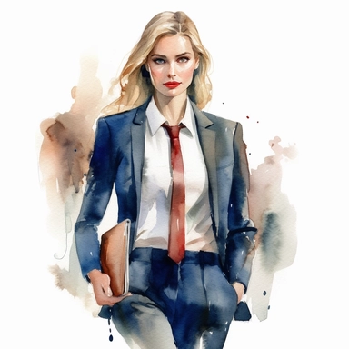 A clipart of a woman in a business suit, showcasing professionalism, painted in watercolor style, designed on a white background.