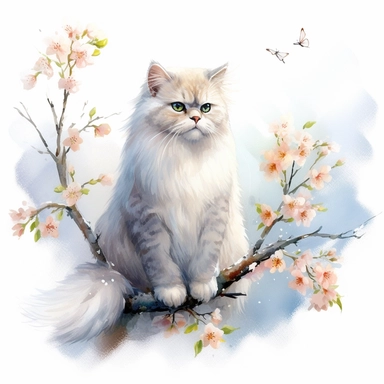 A persian cat sitting proudly on a spring branch, with a few butterflies flying, looking off into the camera, with a few spring leaves framing the scene, watercolor by Liu Yi, clipart, solid background, 8k