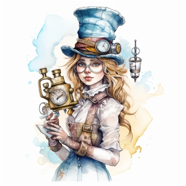 An alice in wonderland character , watercolor steampunk style, white background, clipart
