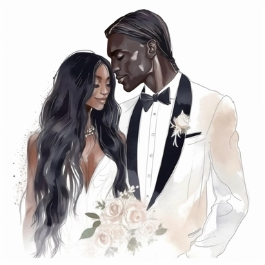 Black skin bride in a white wedding dress with diamonds and with beautiful jewelry, long beautiful hair and the groom in a tuxedo smile watercolor clipart
