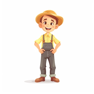 cute boy about 4 years old dressed as a farmer with arms folded. Looks happy and confident. Clipart, cartoon style, full body, no background