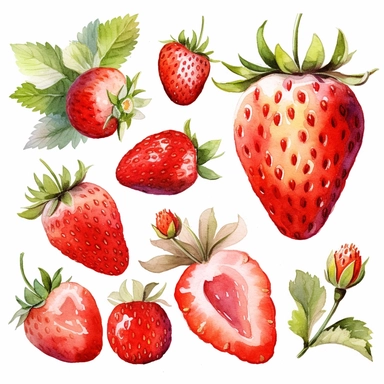 Clipart, beautiful combination with delicious strawberries, summer, fresh, watercolor paints, isolated objects on white background, digital rich, beautiful combination, high quality, 8K-Q2-S750