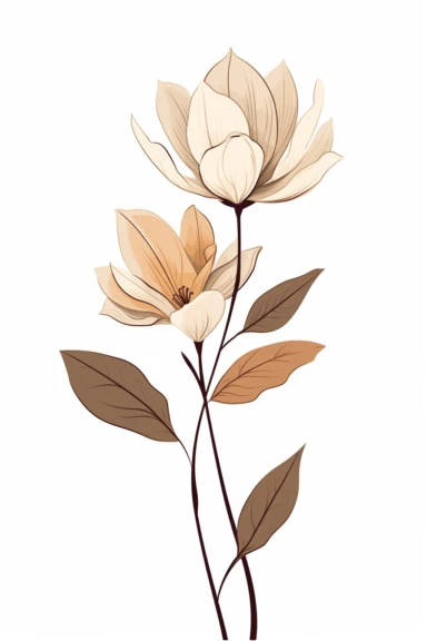 minimal line art botanical retro magnolia brown beige orange illustration in watercolor style clipart, isolated, soft colors, feminine, on white background