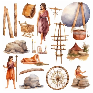 Watercolor well roman people weaving cloth , illustrations clipart set, simple, , cartoon elements, different variants , , marble elements, separate elements with a margin