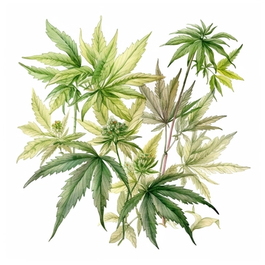 Clipart, vintage, watercolor, Cannabis sp, multifogliate, botanical illustration, hand drawn, texture