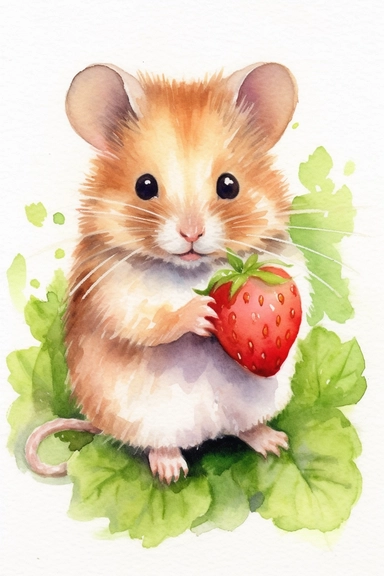 Create a watercolor clipart picture of a hamster next to a strawberry plant, white background. The hamster should have a cute and happy expression, with its fur depicted in soft watercolor textures. Surround the hamster with small flowers and greenery, adding a whimsical touch to the scene.