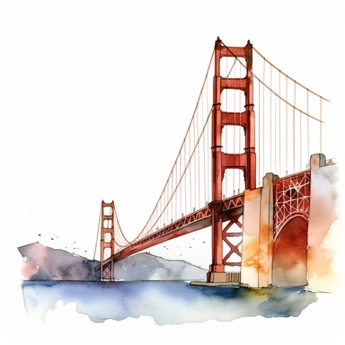 golden gate bridge in san francisco, watercolor clipart, isolated white background, 8k hd