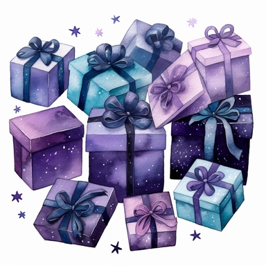 This watercolor Clipart of eleven gift boxes by Thomas W. Schallerof features a galactic design with shades of purple, blue, and black. The box is rectangular in shape and tied with a black ribbon and a small star charm.