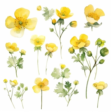 beautiful dainty buttercups flowers, boho watercolor clipart, solid white background, hard edges, smooth
