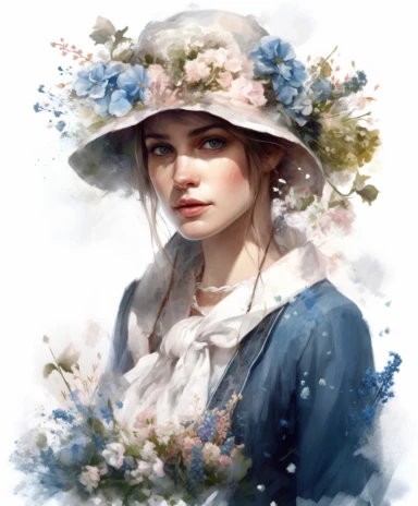 watercolor mixed media portrait of a beautiful and feminine flower gardener in apron, decorated with forget-me-nots and summer flowers and magic crystals, lace and embroidery, masterpiece by Edouard Bisson style and by Tom Bagshaw style, Village fashion, PNG clipart, isolated on white, extreme photorealistic details, 32k HD resolution, realistic high detailization high resolution
