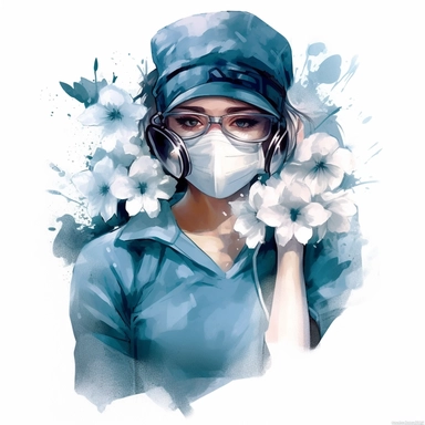 a nurse with flowers, wearing a surgical mask, ink wash background, in the style of realistic watercolor paintings, uhd image, free brushwork, artistic interpretations, in the style of artgerm, 2d game art, quadratura, clipart,