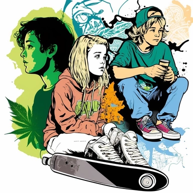 clipart - 2 teenager boys and 1 girl smoking cigarettes and marihuana, they are drinking beer from a can, there is a skateboard by them, one boy has a picture of a cannabis leaf on his sweatshirt, they are all sitting by a brick wall with graffiti