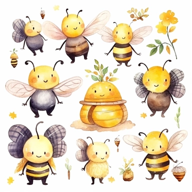 Watercolor bee kawaii cartoon clipart bundle ,Cute bee costume, Garden and flowers illustrations,hive for bees Honey drips, Beehive art WHITE BACKGROUND