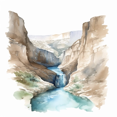 A watercolor painting of a canyon with a river flowing through it, Watercolor clipart, isolated on white background
