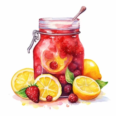 watercolor jar of strawberry jam with lemons lying around it clipart on white background