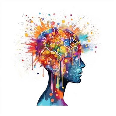 mental health matters in text, vivid brain, happy, clipart, vector, white background