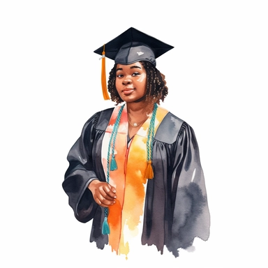 watercolor fat black female student graduation clipart on a white background
