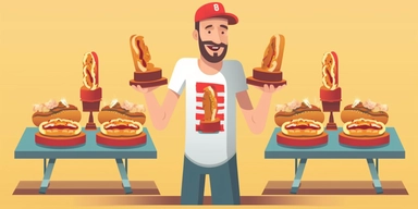 newspaper article about how a man won the hot dog speed eating championship, clipart collection, casual game design, pseudo 3d, cartoon style