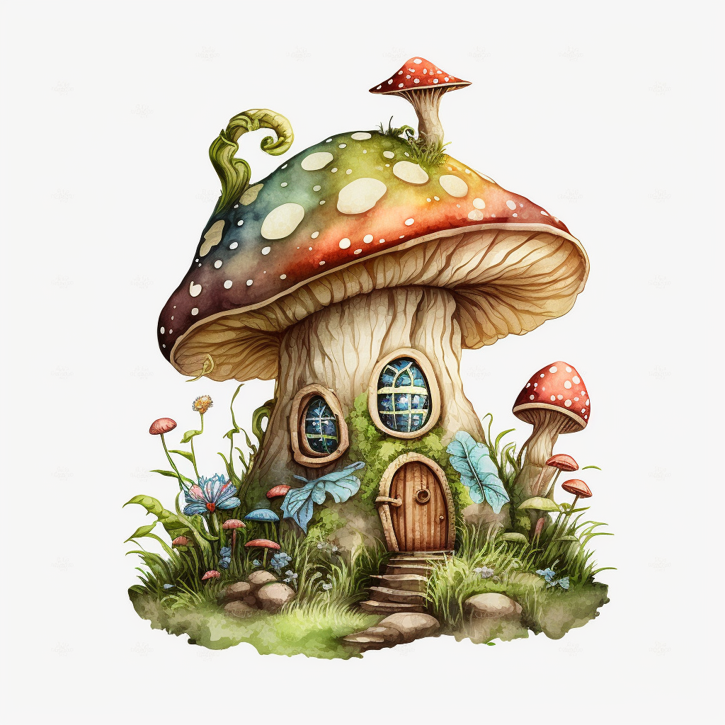 bright realistic Magical Mushroom House, faires, watercolor colors ...