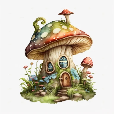 bright realistic Magical Mushroom House, faires, watercolor colors clipart style, on white background, 32k, full high definition, ultra clear image, ultra fine lines, hyper-realistic detail, whole imagine with thick black outline
