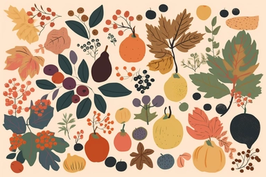 autumn, acorn, berries, pumpkins and leaves clip art, in the style of harriet lee-merrion, nature-based patterns, colorful animation stills, grandma moses, naturecore, adventurecore