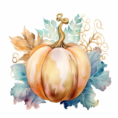 Watercolor pastel velvet boho pumpkin with gold ornate watercolor sitting on pumpkin leaves white background. clipart