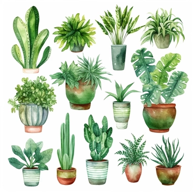 Watercolor House Plants Clipart. Indoor Plants Elements. Monstera, Cactus Illustration. Boho Home Decor Clipart. Home green garden. Plants in pots